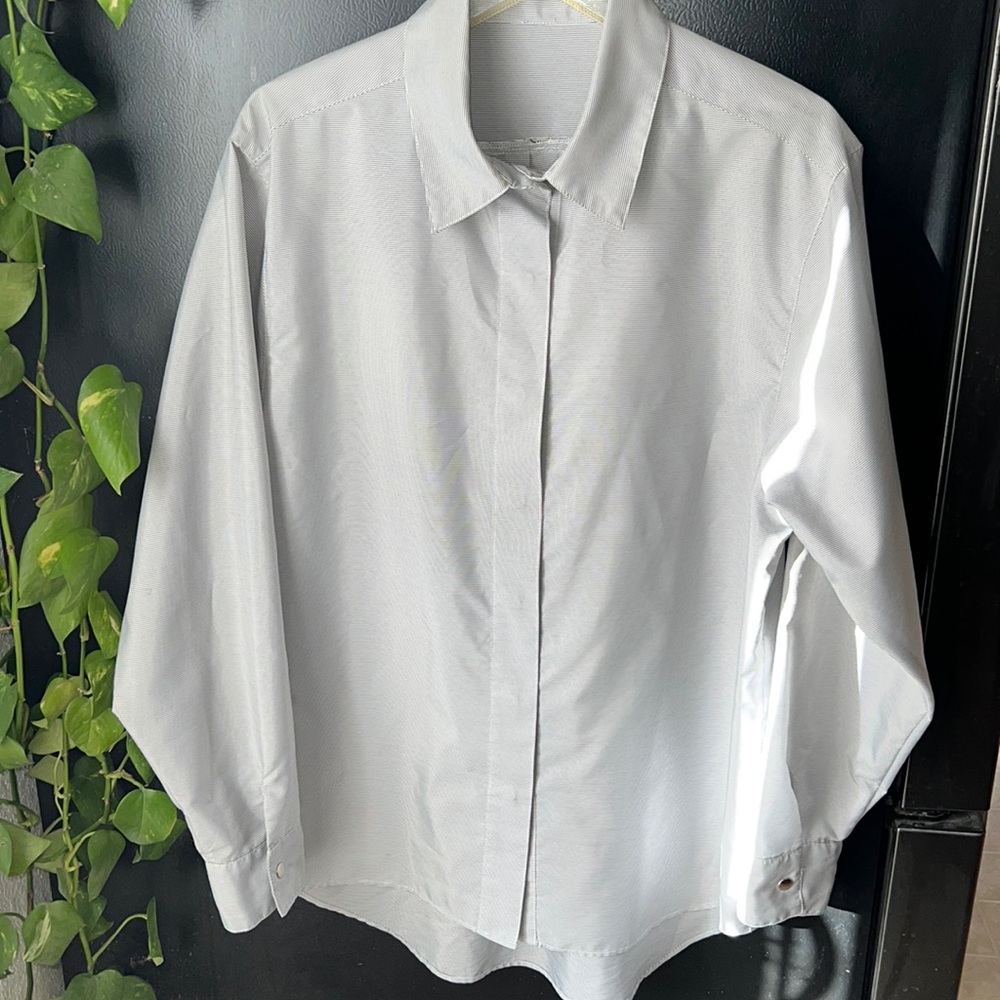 P. Taylor blouse, long sleeves with cuff, pointed collar, small stripes.